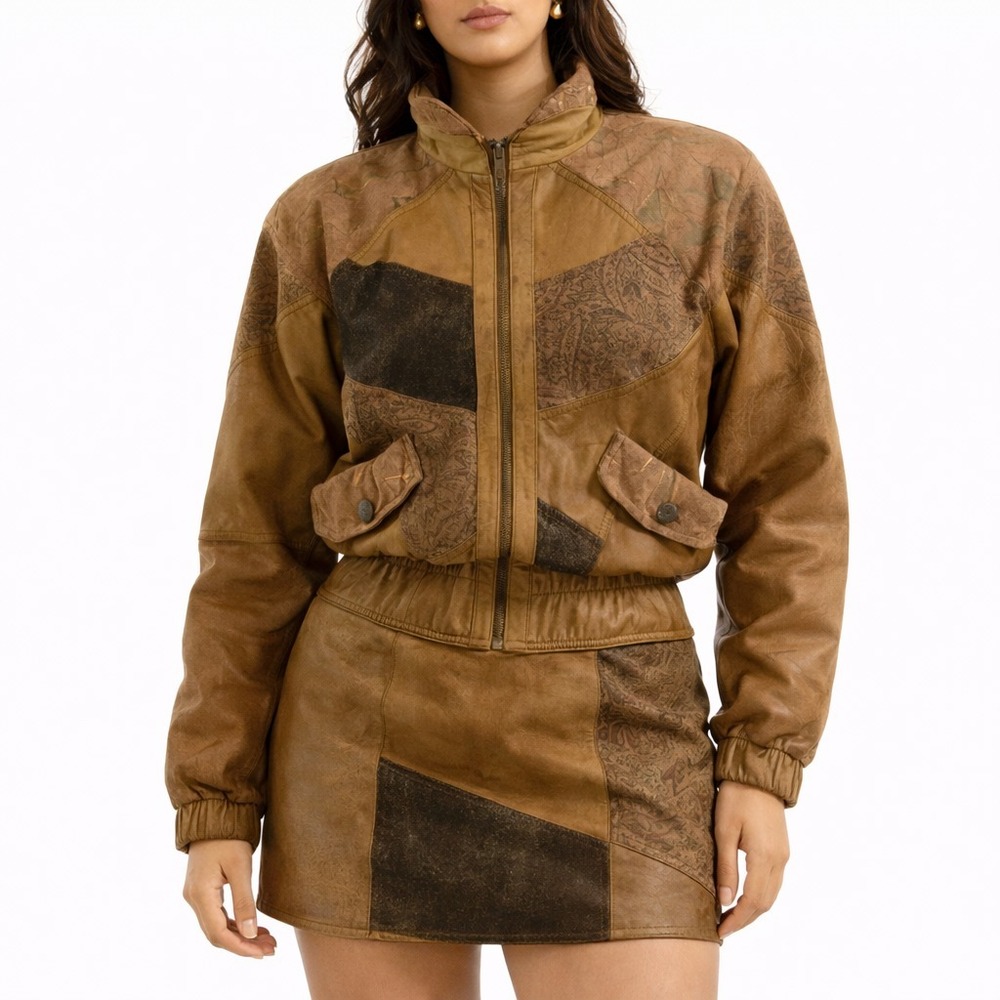 80s Vintage Patchwork Leather Jacket Brown Gold Metallic Paisley Peplum Womens M